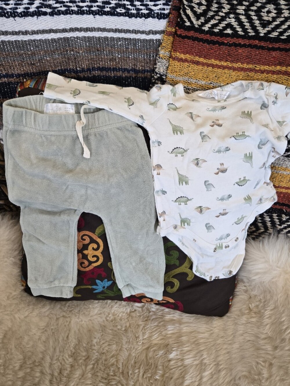 Baby Dino Print Onesie and Light Green Jogger Set